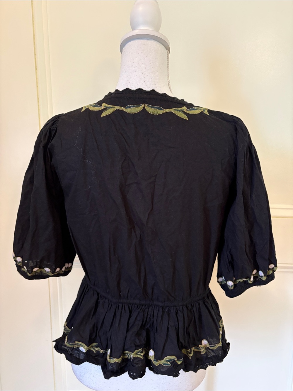 Black Floral Cotton Embroidered Peplum Blouse - Picture 8 of 9